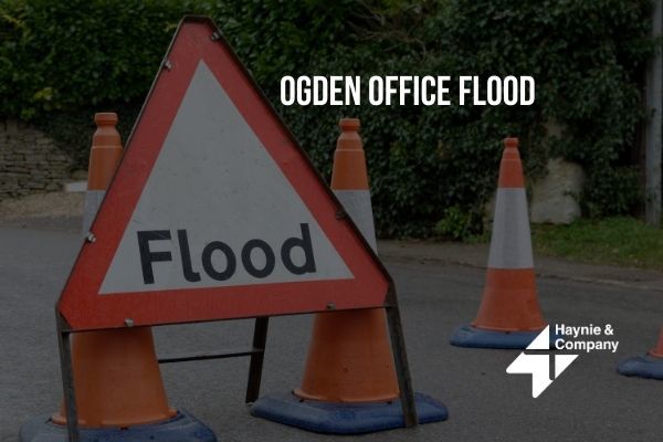 Flood warning sign surrounded by traffic cones, labeled Ogden Office Flood with Haynie logo.