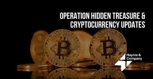 Bitcoin coins with text Operation Hidden Treasure & Cryptocurrency Updates and Haynie logo.