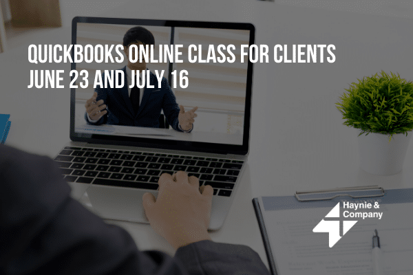 QuickBooks online class announcement for clients on June 23 and July 16 displayed on a laptop screen.