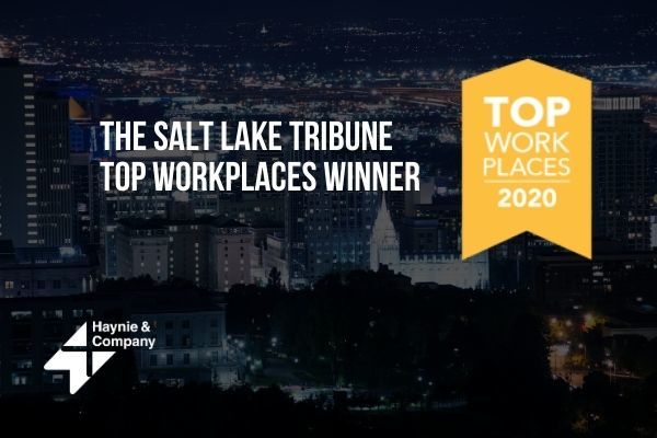 Salt Lake Tribune Top Workplaces 2020 Winner, Haynie, cityscape background.