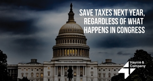 U.S. Capitol building with tax-saving message by Haynie.