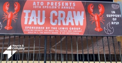 ATO Iota Epsilon Tau Craw poster with lobsters, supporting AFSP and sponsored by Lewis Group and others.