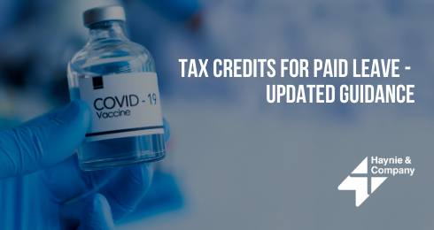 COVID-19 vaccine vial with text on tax credits for paid leave and Haynie logo.