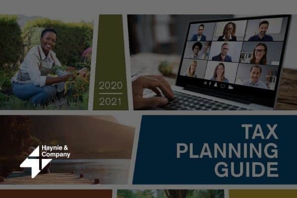Tax Planning Guide cover with a woman gardening, virtual meeting, Haynie logo.