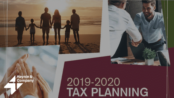 2019-2020 Tax Planning brochure, family on beach, handshake, Haynie logo.