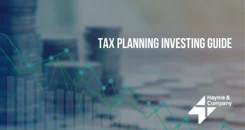 Tax planning investing guide by Haynie with coins and graph in background.