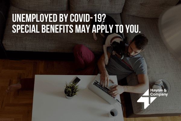 Man working on laptop at home with dog, text offering COVID-19 unemployment benefits, Haynie logo.