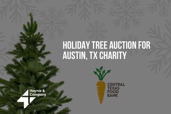Holiday tree auction for Austin charity with logos of Haynie and Central Texas Food Bank.