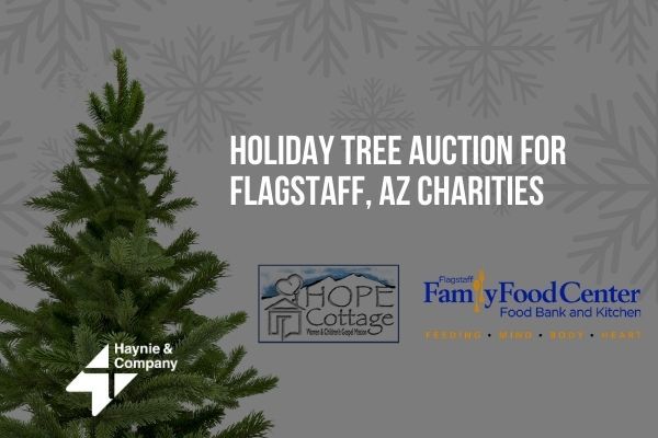 Holiday tree auction event supporting Flagstaff AZ charities with logos of Hope Cottage and Family Food Center.