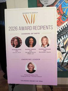 2026 Women to Watch Award Recipients sign with photos and names of recognized CPAs.