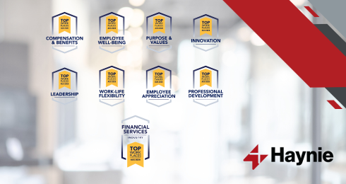 Top workplace awards and Haynie logo highlighting benefits and employee recognition.