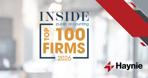 Inside Public Accounting Top 100 Firms 2026 with Haynie logo on a blurred office background.