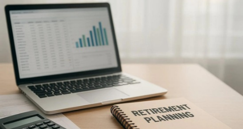 Laptop displaying financial chart next to Retirement Planning notebook on desk.